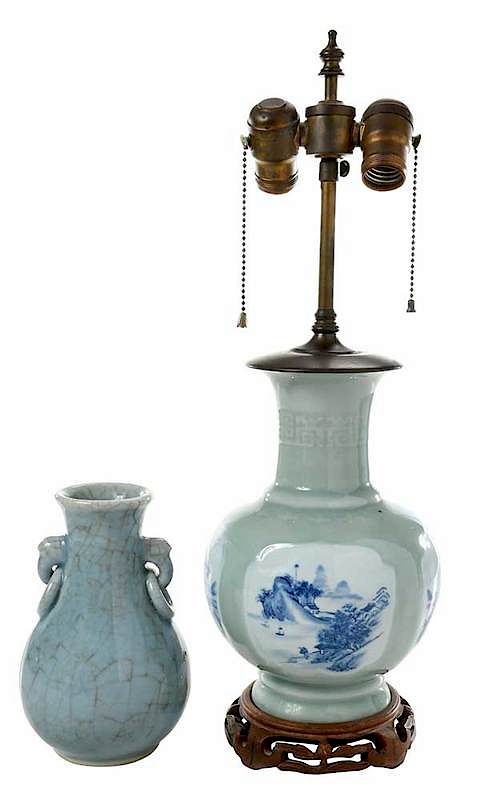 Appraisal: Two Chinese Celadon Vases One Converted to Lamp bottle form