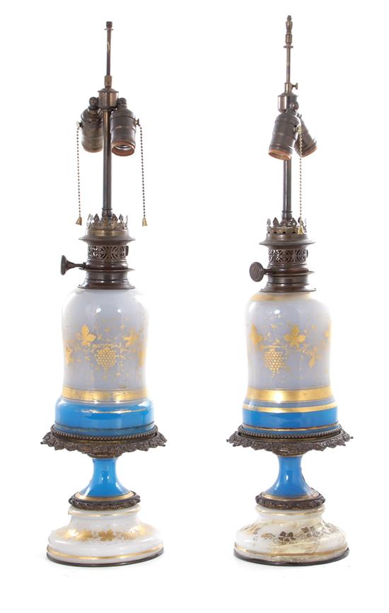 Appraisal: Pair French opaline glass oil lamps th century gilt-decorated and