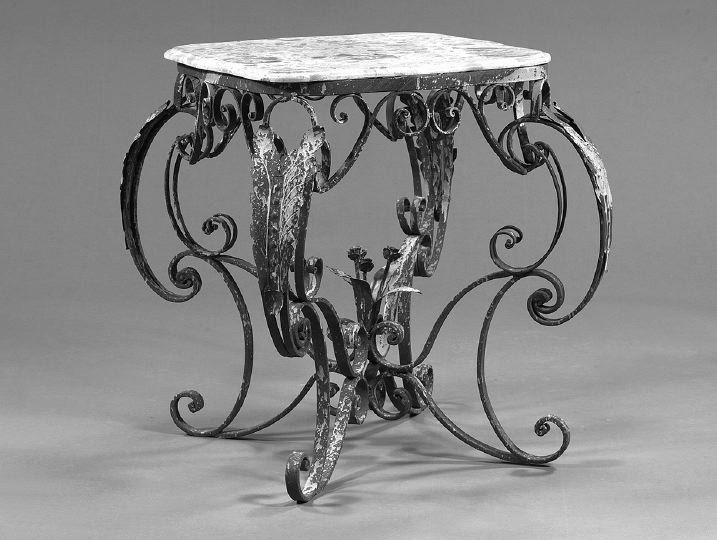 Appraisal: Continental Splatter-Painted Wrought-Iron Serpentine Marble-Top Table in the Louis XVI