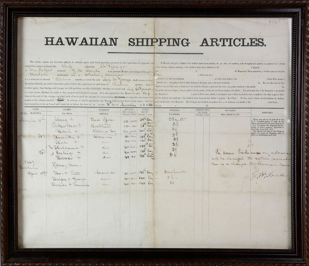 Appraisal: Hawaiian Shipping Articles Whaling Document Hawaiian Shipping Articles Whaling Document