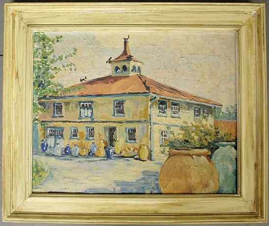 Appraisal: Oil on canvas painting of an Italianate building with large