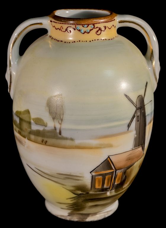 Appraisal: Hand Painted Nippon Windmill Scene Vase Hand Painted Nippon Vase