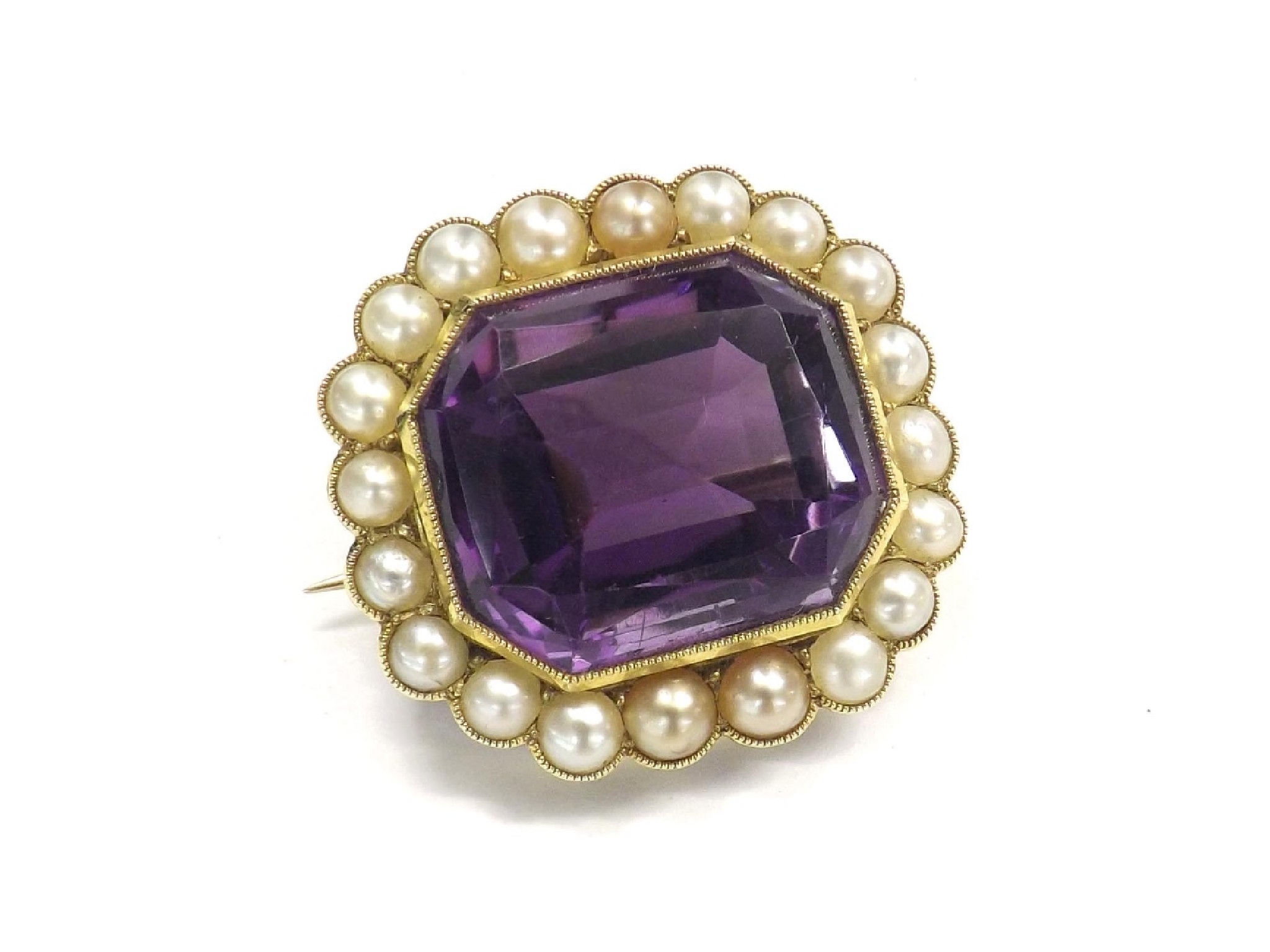 Appraisal: Amethyst and cultured pearl gold brooch mm x mm