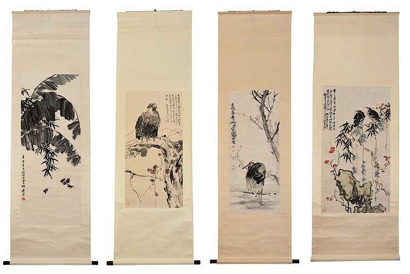 Appraisal: Four Chinese Scrolls Depicting Birds th century ink and color