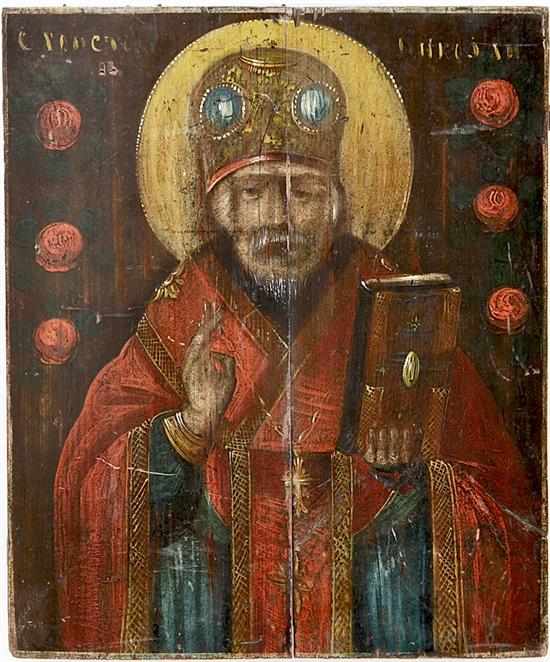 Appraisal: Russian icon th century ST NICHOLAS oil on panel unframed