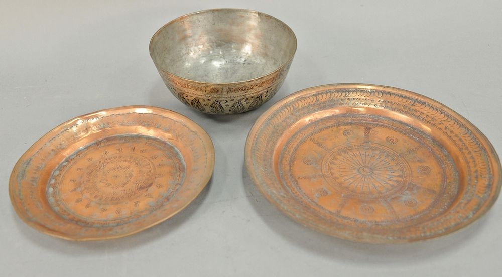 Appraisal: Group of fourteen antique copper pieces hand hammered engraved Oriental