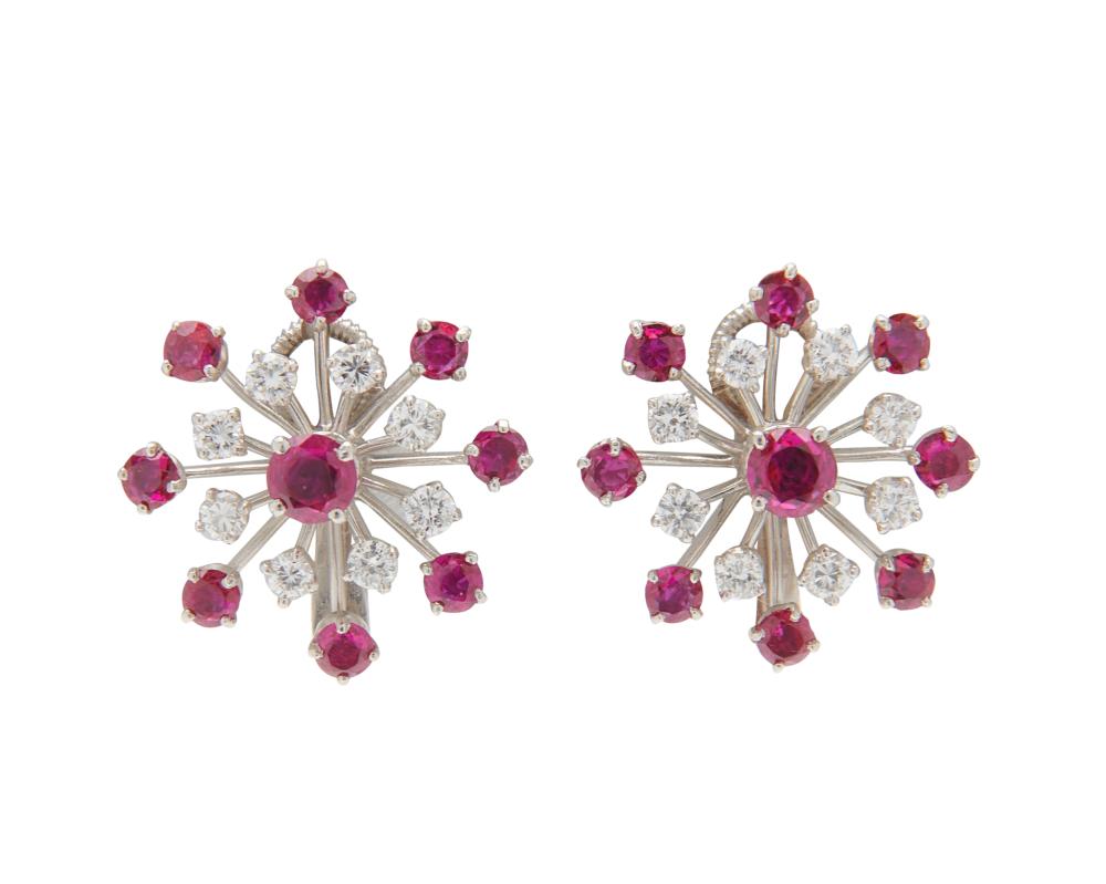 Appraisal: J E CALDWELL CO Platinum Diamond and Ruby Earclips the