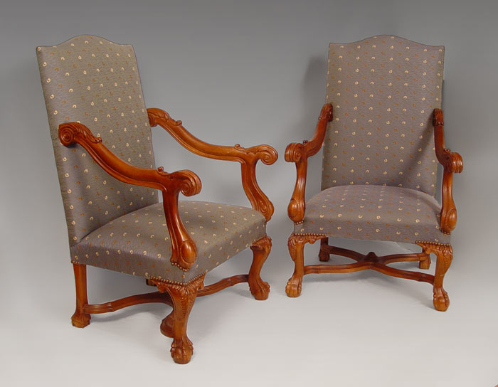 Appraisal: PAIR HEAVILY CARVED THRONE CHAIRS Ball and claw feet stretcher