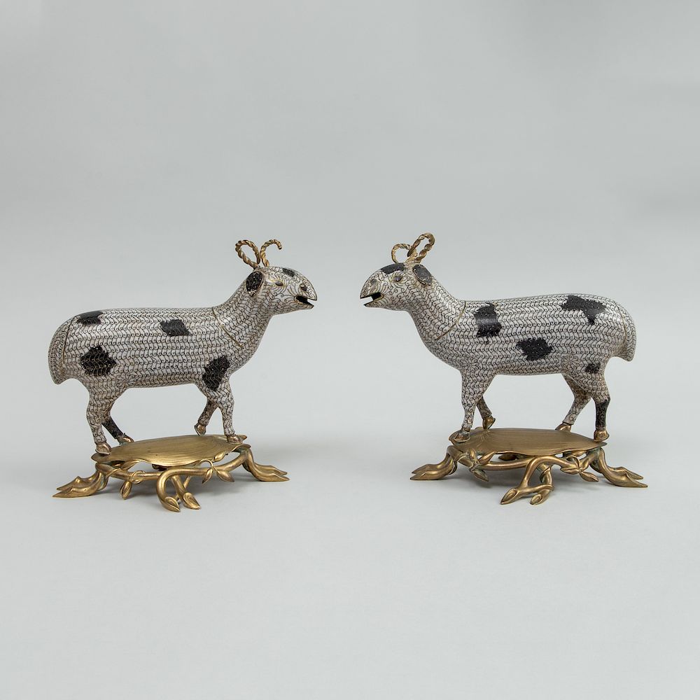 Appraisal: Pair of Chinese Gilt-Metal Mounted Cloisonn Models of Rams Unmarked