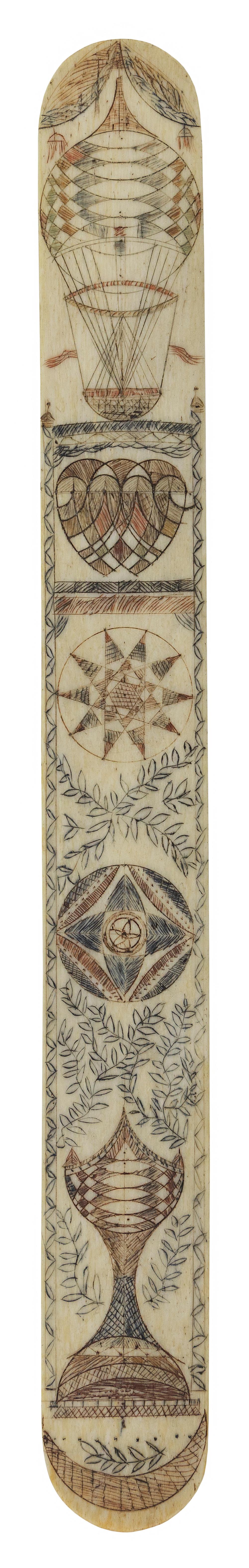 Appraisal: POLYCHROME SCRIMSHAW WHALEBONE BUSK DEPICTING A HOT AIR BALLOON MID-