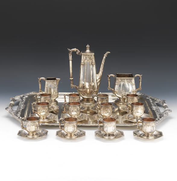 Appraisal: AUSTRO-HUNGARIAN JUGENDSTIL DEMITASSE SET WITH TRAY silver demitasse set mark