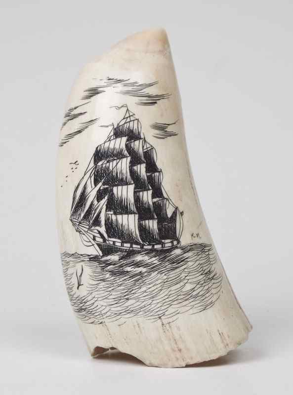 Appraisal: SCRIMSHAW WHALE TOOTH WITH CLIPPER SHIP Signed KM '' l