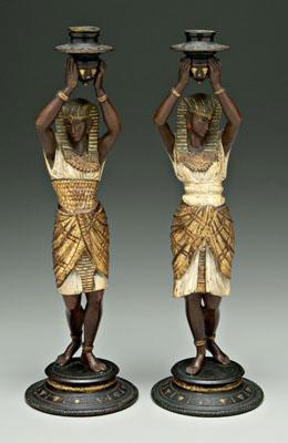 Appraisal: Pair spelter Egyptianate candlesticks female Egyptian figures holding candle sockets