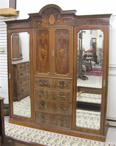 Appraisal: EDWARDIAN INLAID MAHOGANY WARDROBE DRESSER English c in three vertical