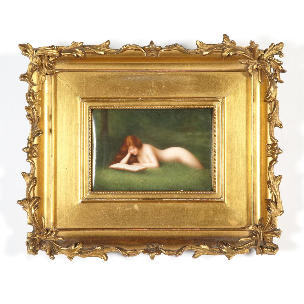 Appraisal: Framed Continental Painted Porcelain Plaque of a Nude Woman Wagner