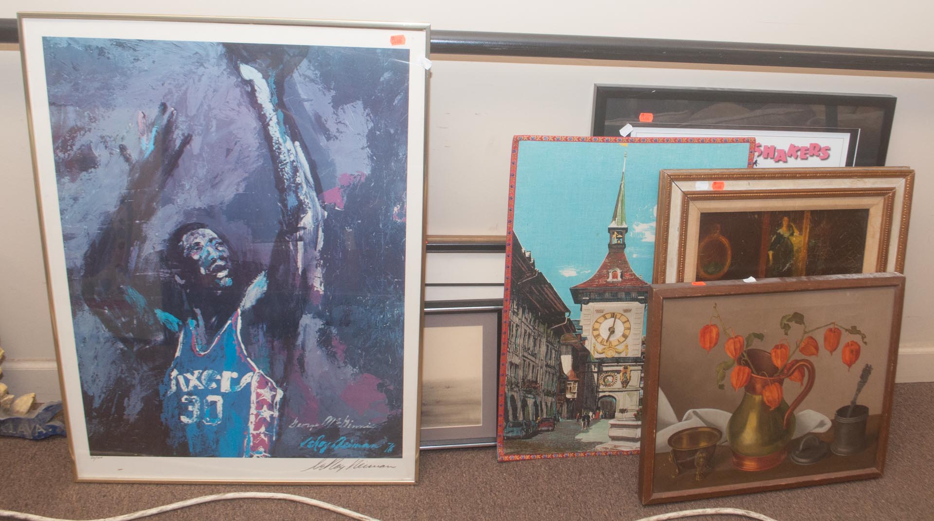 Appraisal: Eight framed artworks and a mirror as is including prints