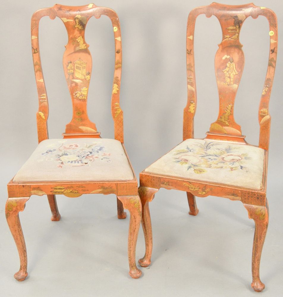 Appraisal: Pair of Queen Anne style side chairs Chinoiserie decorated with