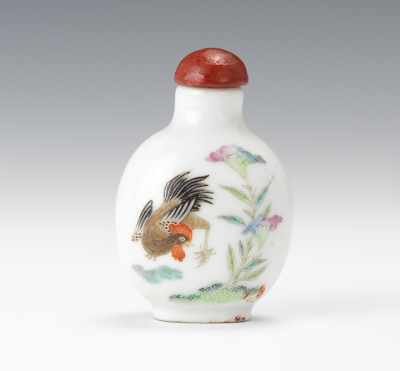 Appraisal: A Daoguang Porcelain Snuff Bottle with Roosters Compressed ovoid shaped