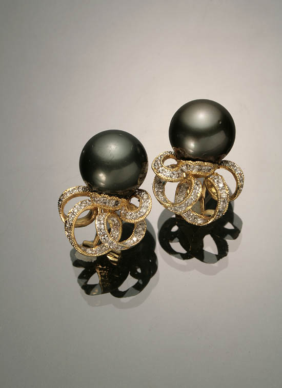 Appraisal: Pair of -Karat Yellow-Gold Tahitian Black Pearl and Diamond Pierced