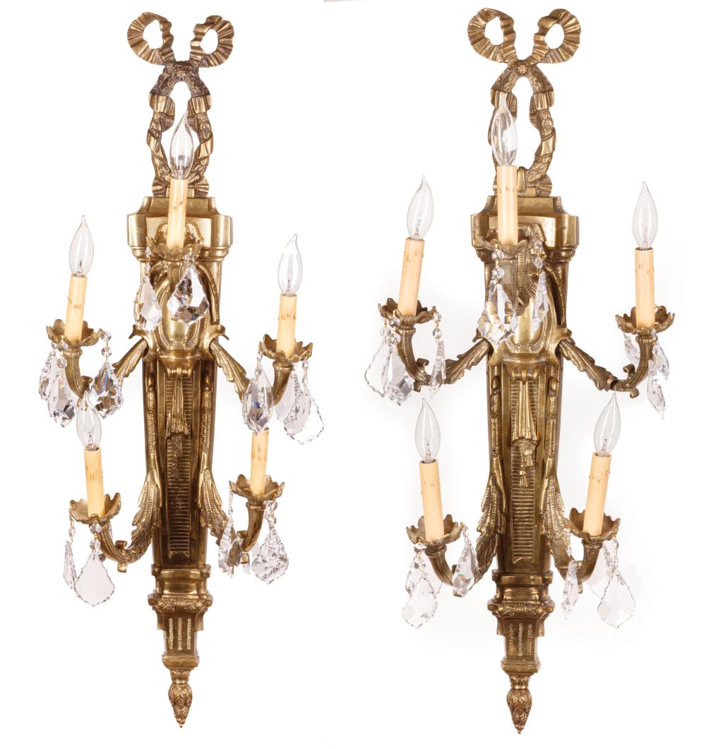 Appraisal: Pair of Continental Bronze Five-Light Sconces th c ribbon crest