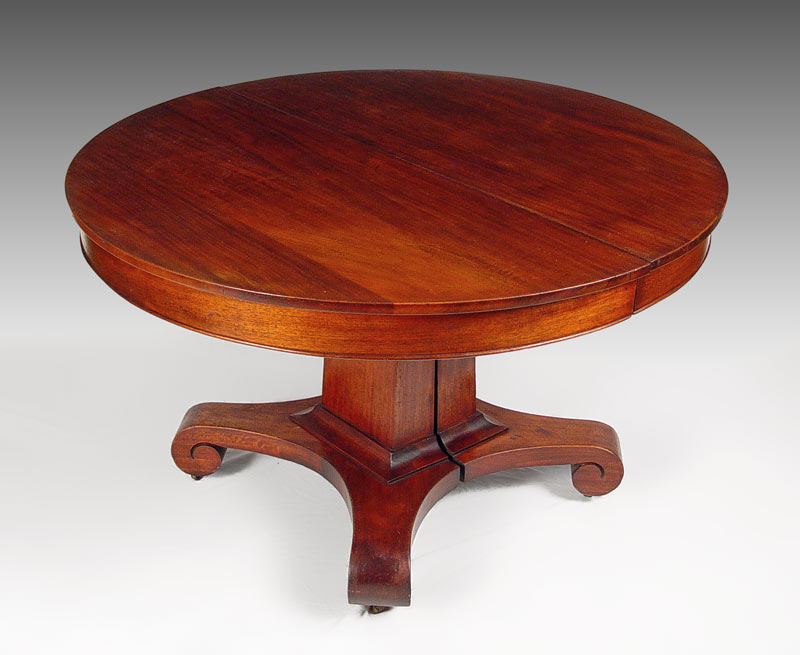 Appraisal: EMPIRE ROUND MAHOGANY TABLE WITH LEAVES Single pedestal splits to