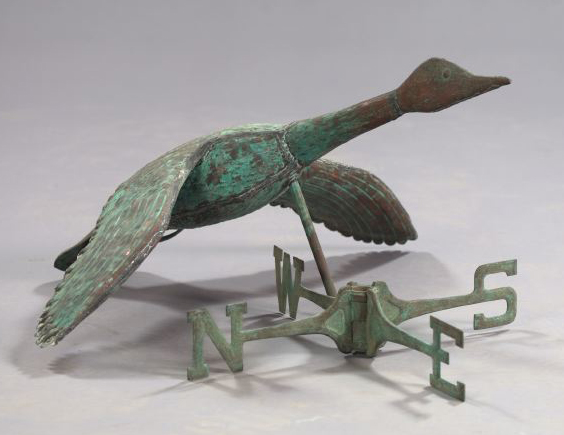 Appraisal: Large Patinated Copper Weathervane depicting a flying goose h w