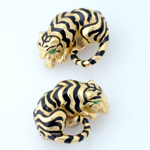 Appraisal: k yg and enamel tiger earrings for unpierced ears with