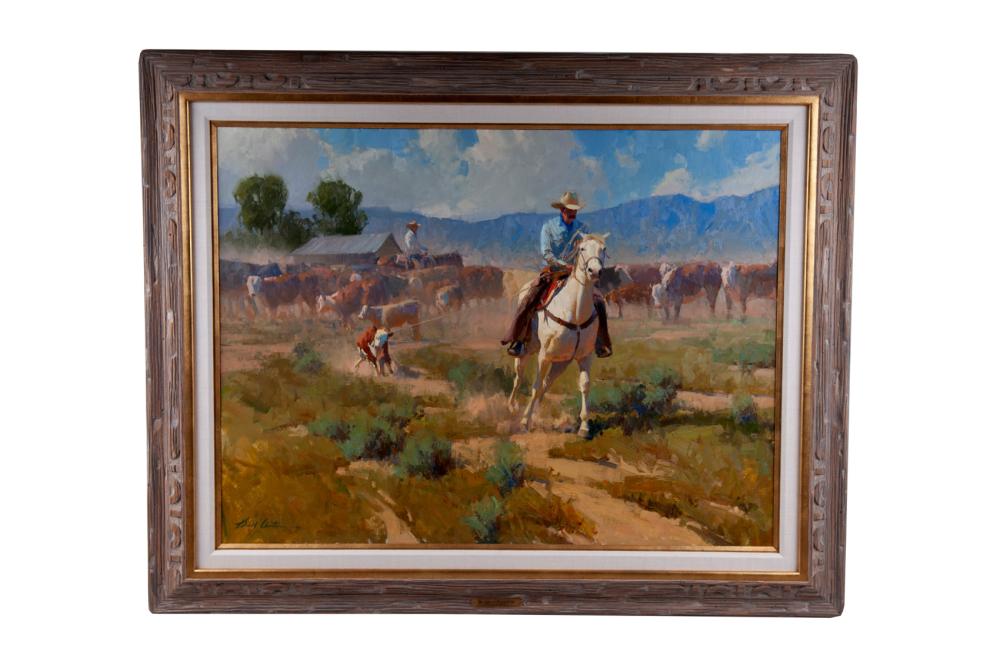 Appraisal: BILL ANTON BRANDING AT HEADQUARTERS oil on board signed lower