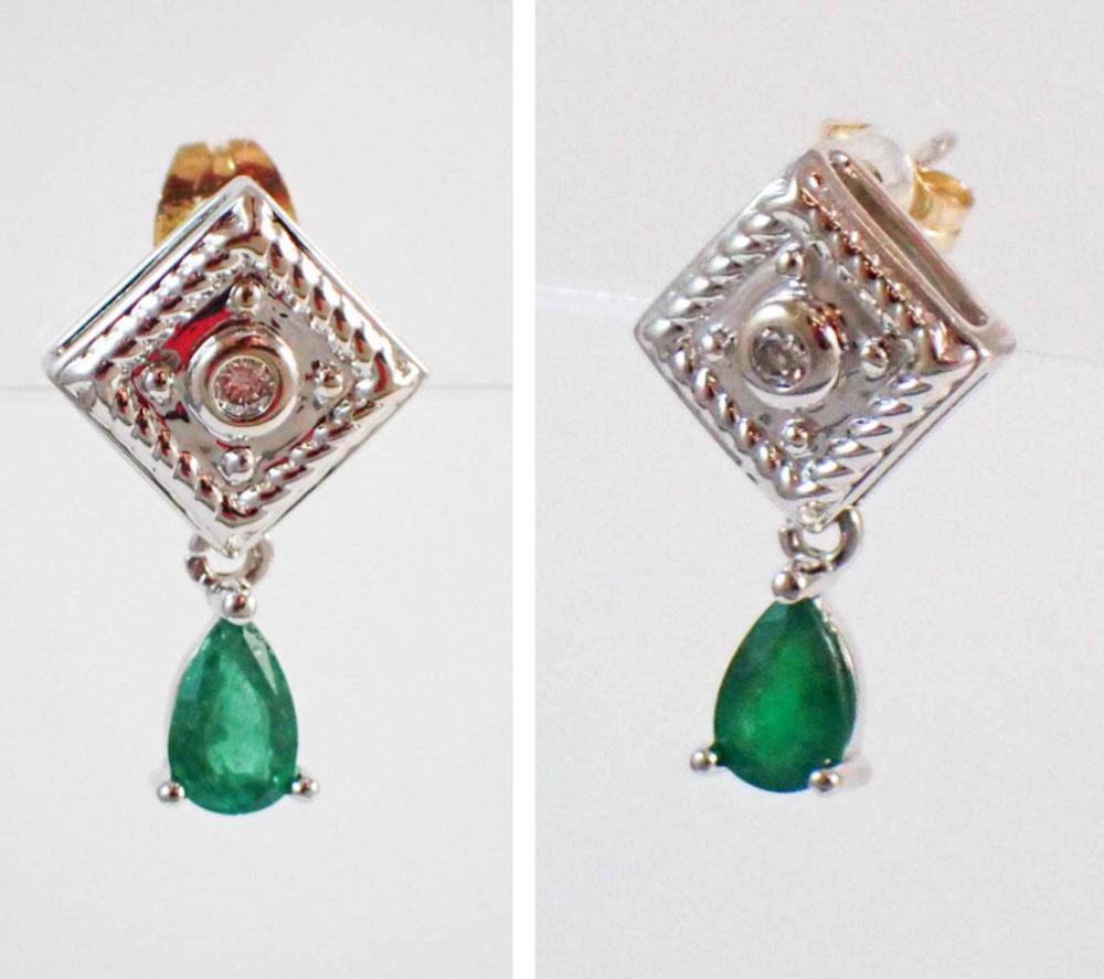 Appraisal: PAIR OF EMERALD AND DIAMOND DANGLE EARRINGS each k white