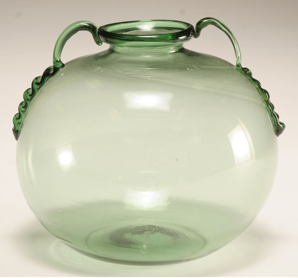 Appraisal: Murano Soffiati green art glass vase c Applied handles H