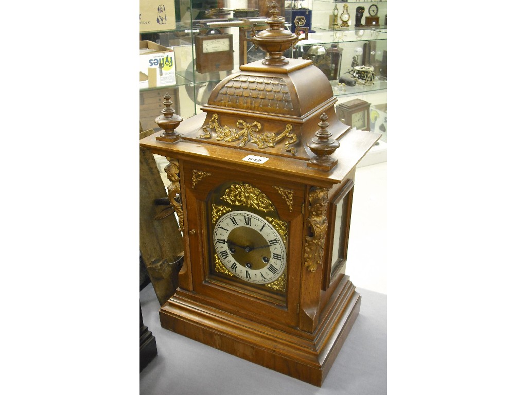 Appraisal: Mahogany three train mantel clock the Junghans movement striking and