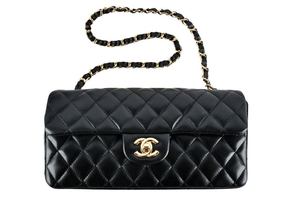 Appraisal: CHANEL BLACK LEATHER ELONGATED FLAP BAGcirca - with authenticity card