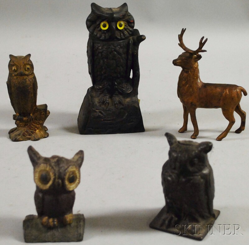 Appraisal: J E Stevens Cast Iron Mechanical Owl Bank Three Cast