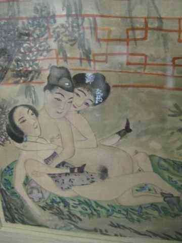 Appraisal: Chinese Erotic Watercolor man with two women '' x ''