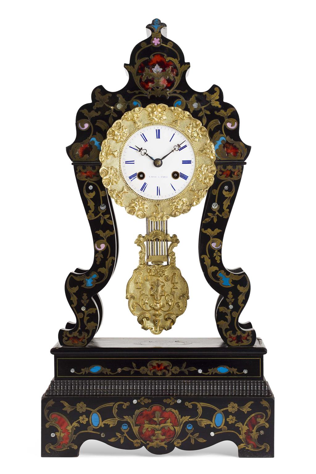 Appraisal: YFRENCH EBONISED AND INLAID PORTICO CLOCK SIGNED LAINE A PARIS