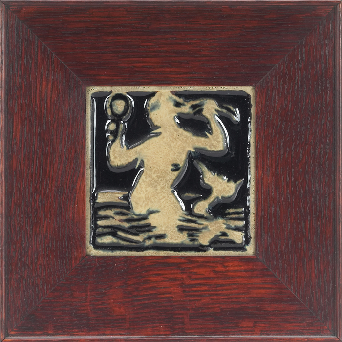 Appraisal: Grueby tile mermaid design in tan on a black hi-glaze