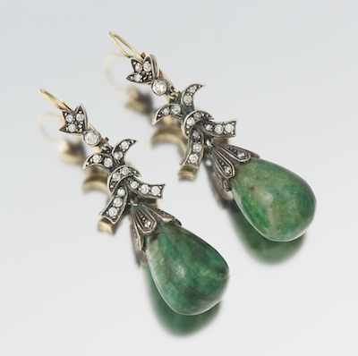 Appraisal: A Pair of Diamond and Green Quartz Pendant Earrings Long