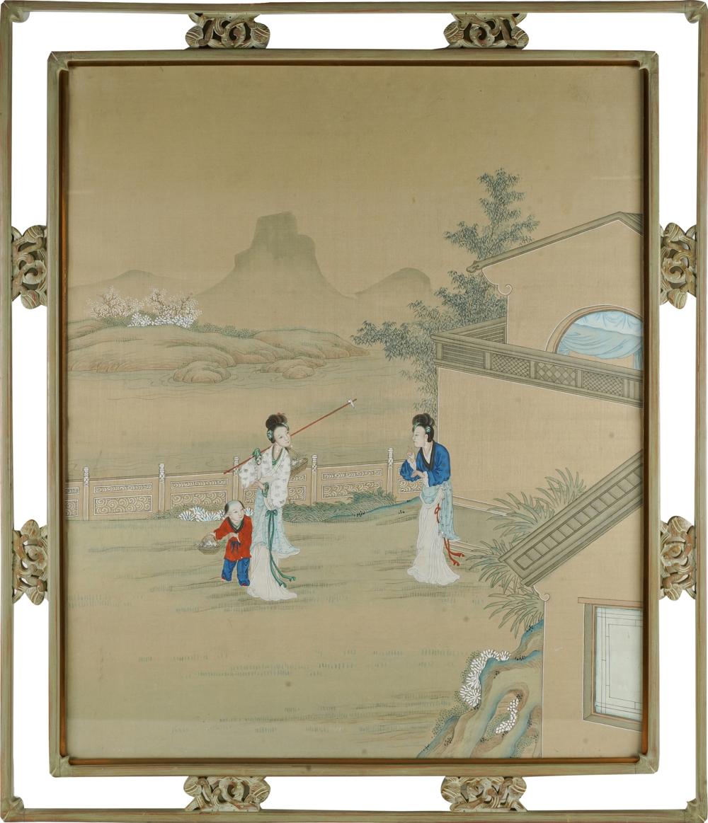 Appraisal: CHINESE PAINTINGcolors on silk depicting figures in a garden x