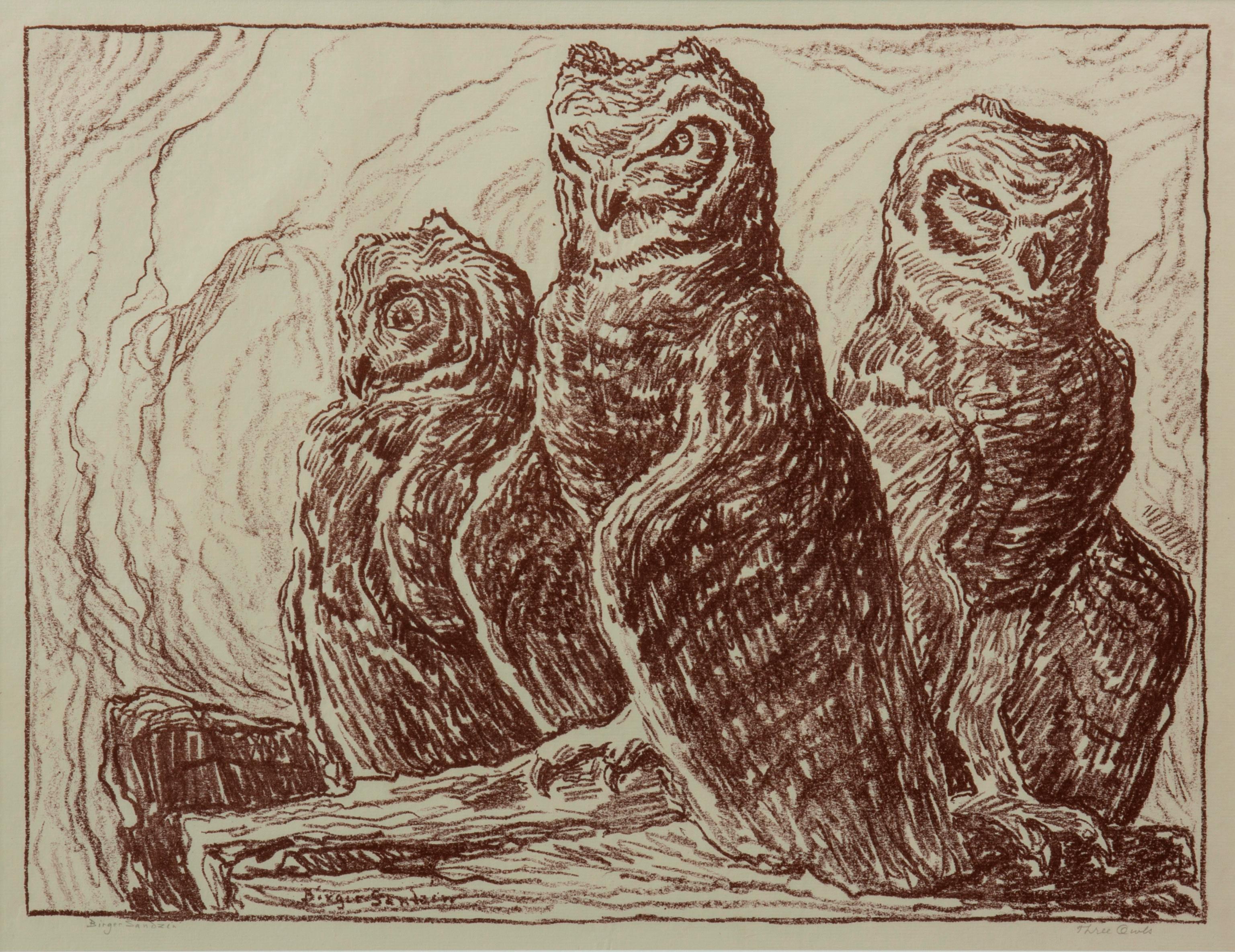 Appraisal: BIRGER SANDZEN 'THREE OWLS' PENCIL-SIGNED LITHOGRAPH Birger Sandzen Swedish-American -