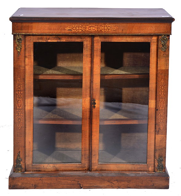 Appraisal: A VICTORIAN WALNUT SIDE CABINET with decorative inlay to the