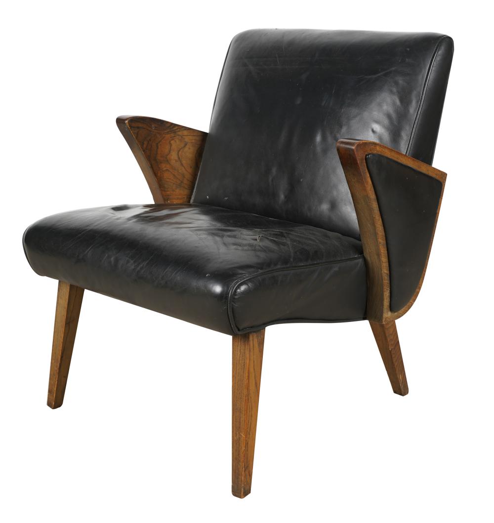 Appraisal: MID-CENTURY ARMCHAIRblack leather and wood Provenance Important Collection Silverlake CA