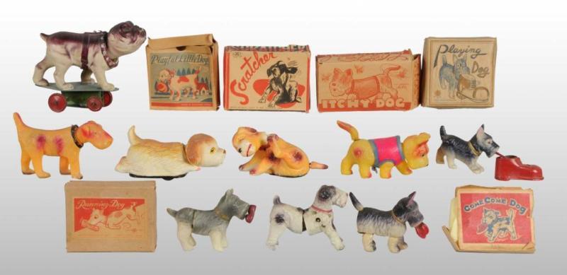 Appraisal: Lot of Celluloid Dog Wind-Up Toys Description Japanese Working Most