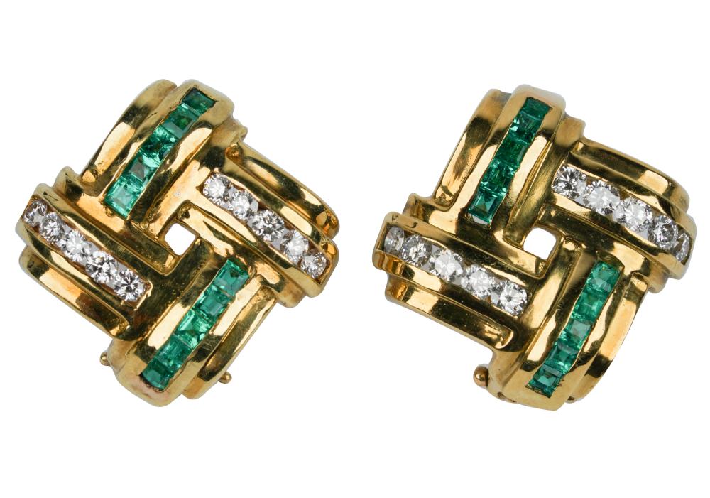 Appraisal: KARAT YELLOW GOLD DIAMOND EMERALD EARRINGScontaining square step cut emeralds