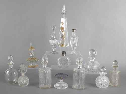 Appraisal: Thirteen colorless glass scent bottles cut enamel and etched decoration