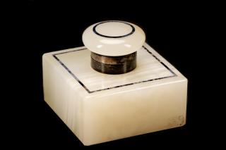 Appraisal: English White Onyx Sterling Lapis Lazuli Inkwell English circa A