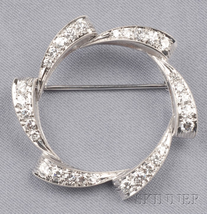 Appraisal: Platinum and Diamond Circle Pin set with full-cut diamonds approx