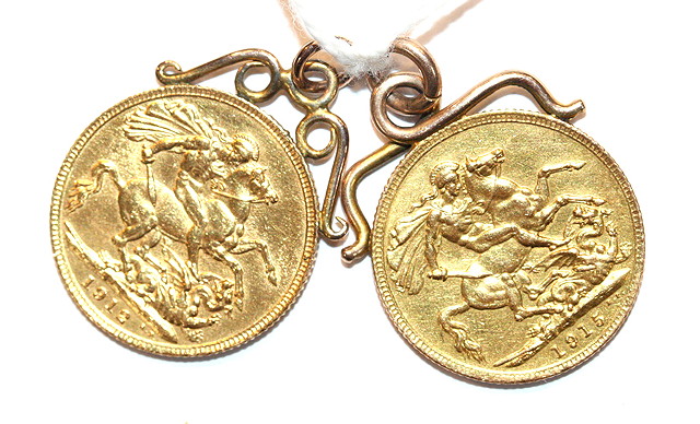 Appraisal: TWO GOLD SOVEREIGNS both with soldered attachments