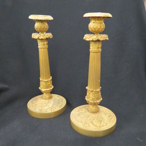 Appraisal: French Empire Style Bronze Candlesticks acanthus leaf column decor tall