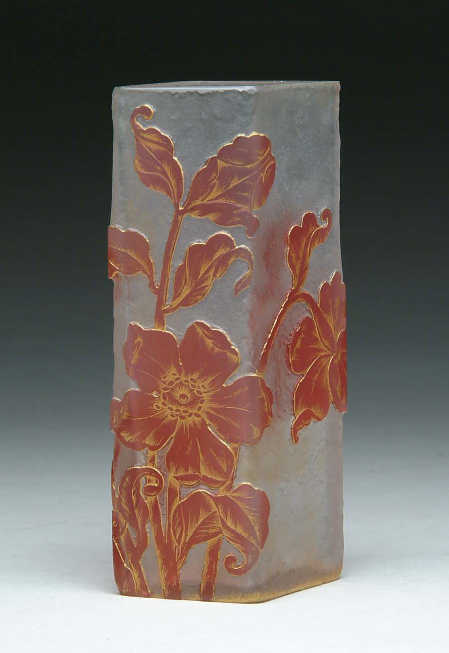 Appraisal: DAUM NANCY CAMEO VASE Four sided vase with a cranberry