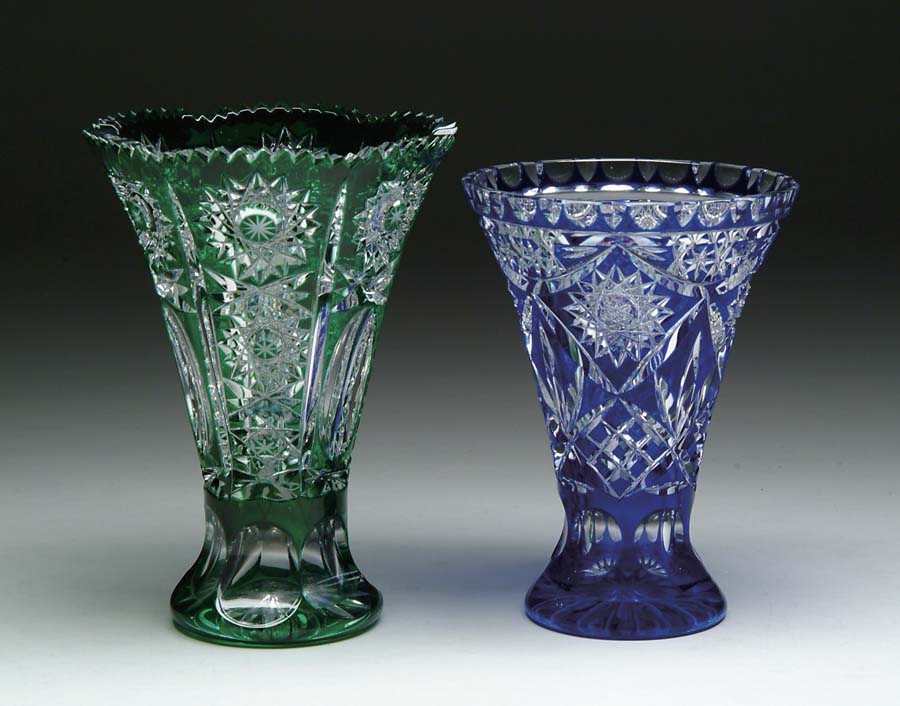 Appraisal: TWO CUT TO CLEAR VASES Vibrant blue cut to clear